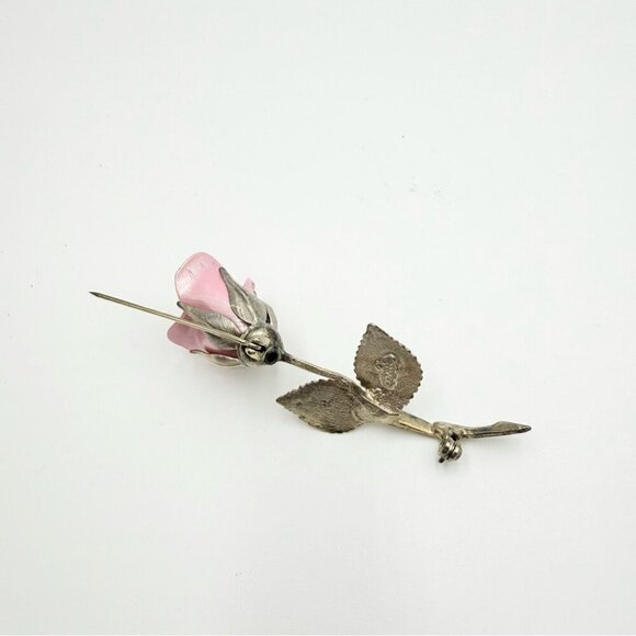 Vintage GIOVANNI Signed Silver Tone Pink Rose Stem Brooch - Picture 8 of 9